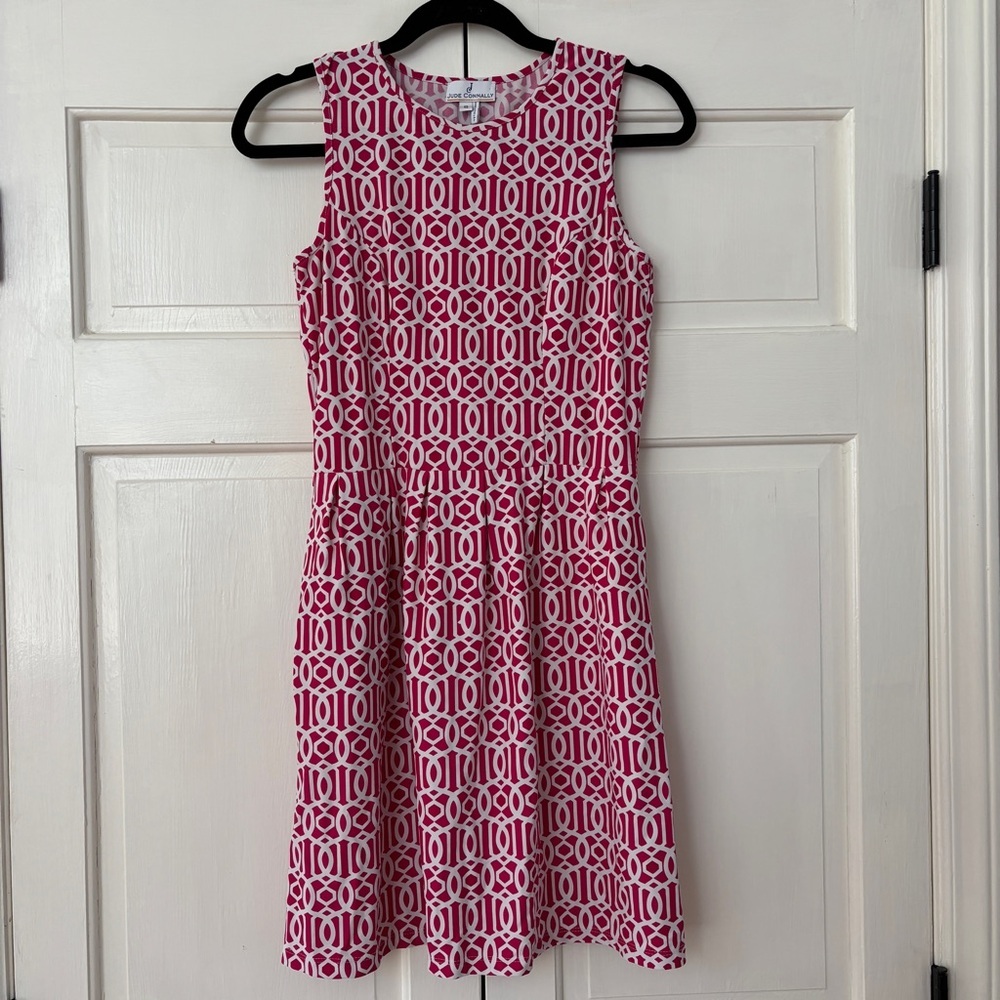 Jude Connally Rachel Dress‎ Size Small Pockets Pink White Chain Link Print Jude